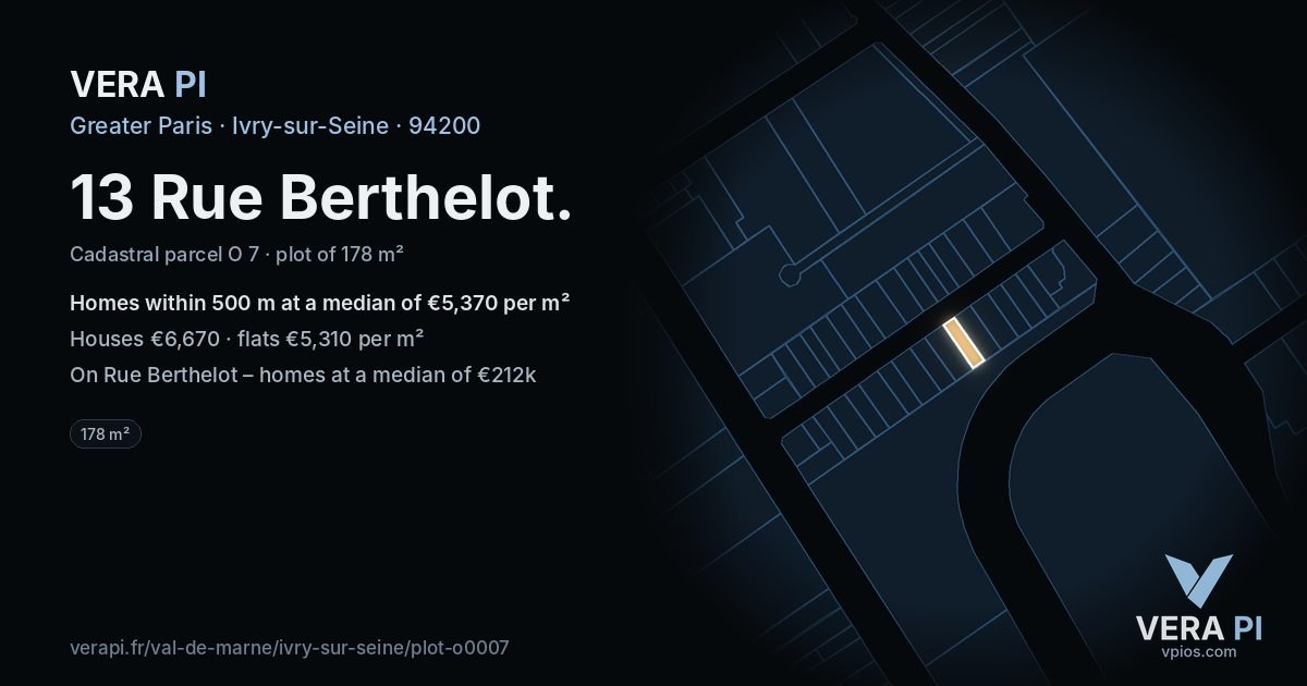 13 Rue Berthelot, Ivry-sur-Seine at night – the plot lit, the parcels around coloured by the prices near them
