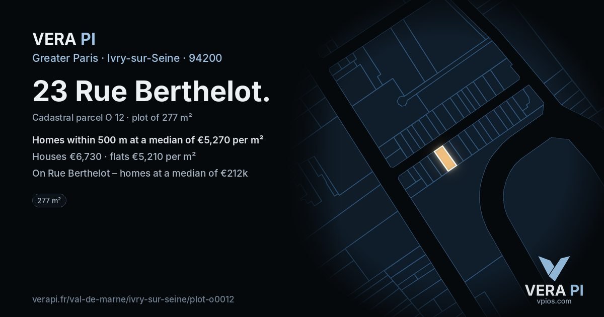23 Rue Berthelot, Ivry-sur-Seine at night – the plot lit, the parcels around coloured by the prices near them