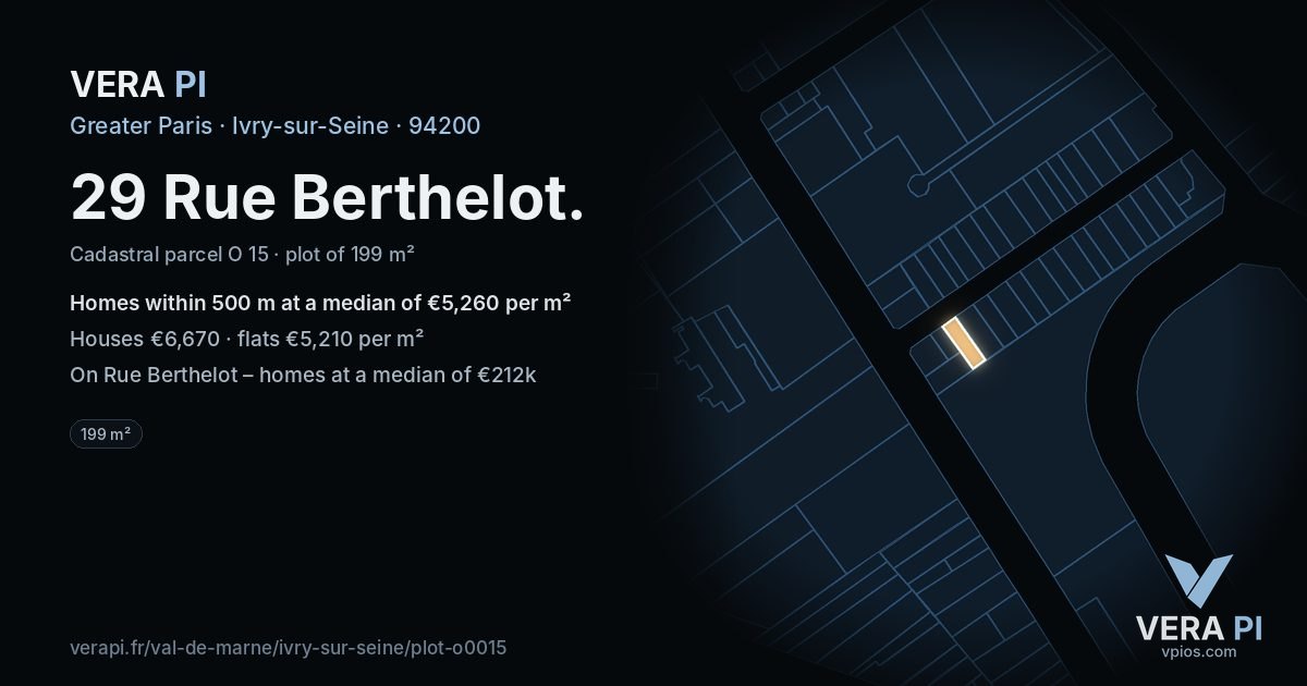 29 Rue Berthelot, Ivry-sur-Seine at night – the plot lit, the parcels around coloured by the prices near them