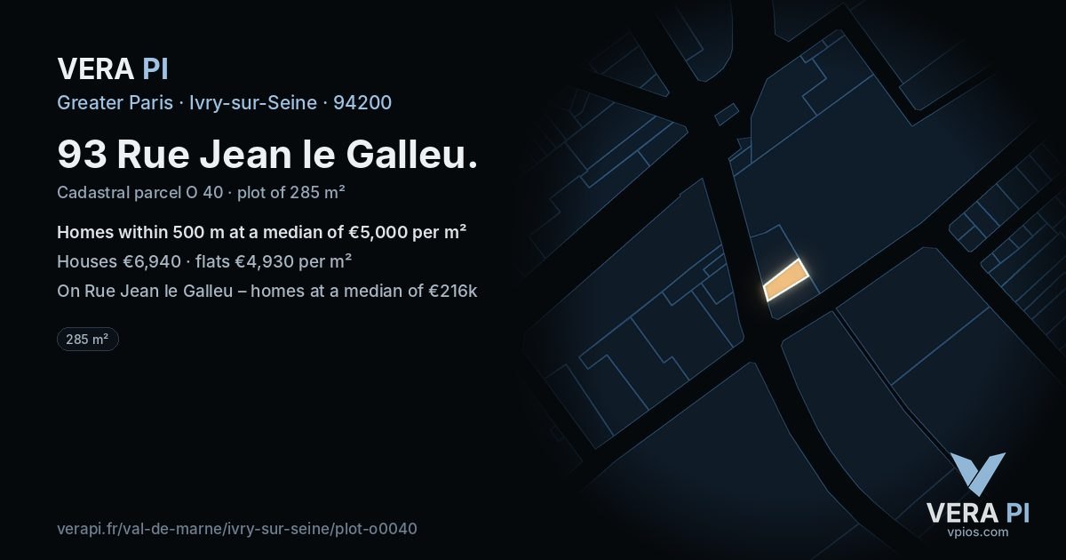 93 Rue Jean le Galleu, Ivry-sur-Seine at night – the plot lit, the parcels around coloured by the prices near them