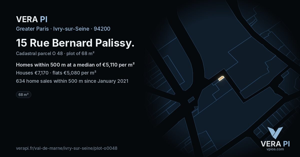 15 Rue Bernard Palissy, Ivry-sur-Seine at night – the plot lit, the parcels around coloured by the prices near them