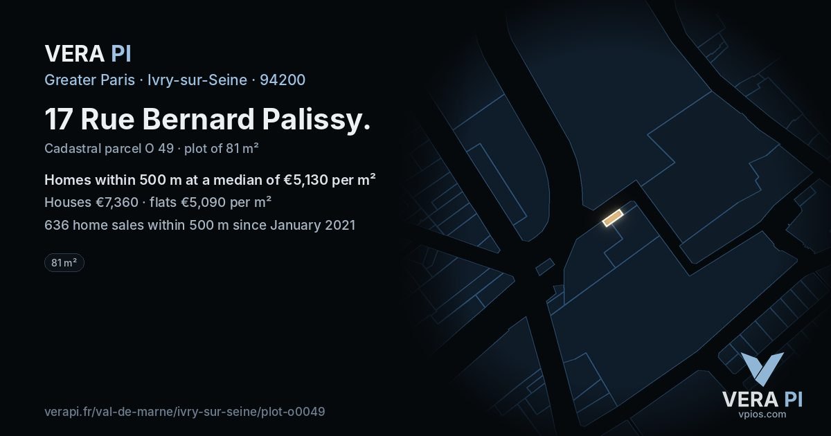 17 Rue Bernard Palissy, Ivry-sur-Seine at night – the plot lit, the parcels around coloured by the prices near them