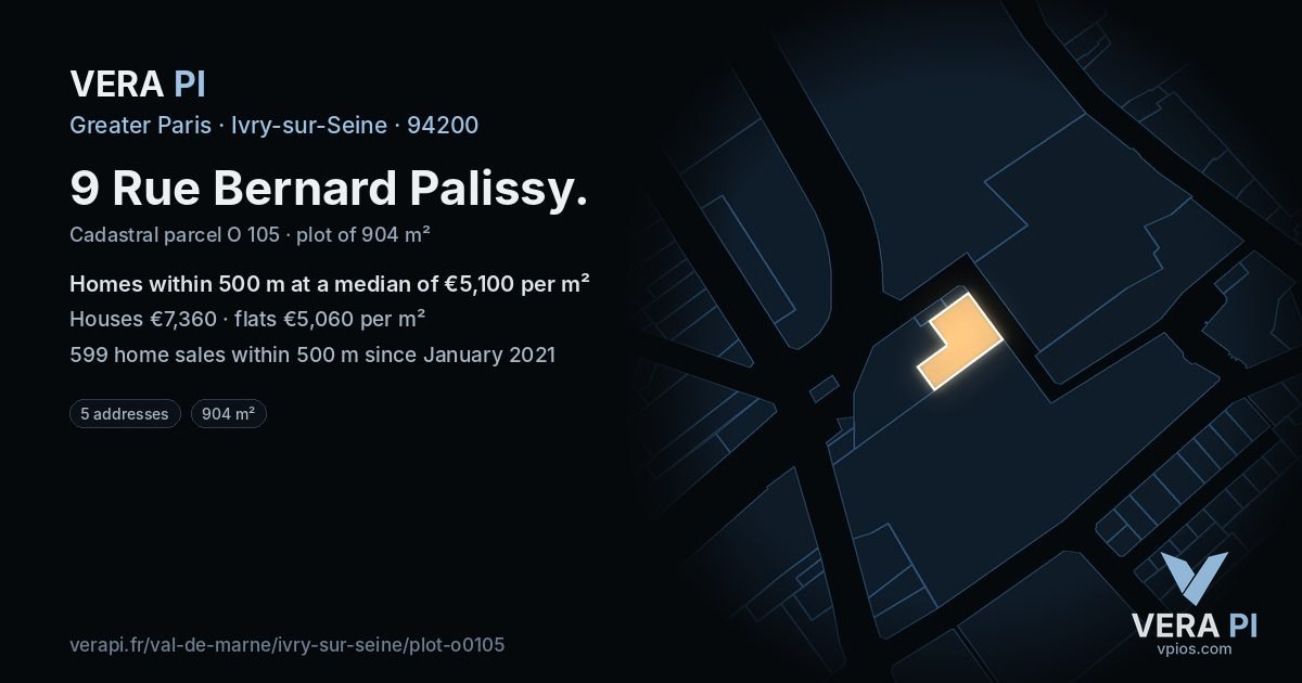 9 Rue Bernard Palissy, Ivry-sur-Seine at night – the plot lit, the parcels around coloured by the prices near them