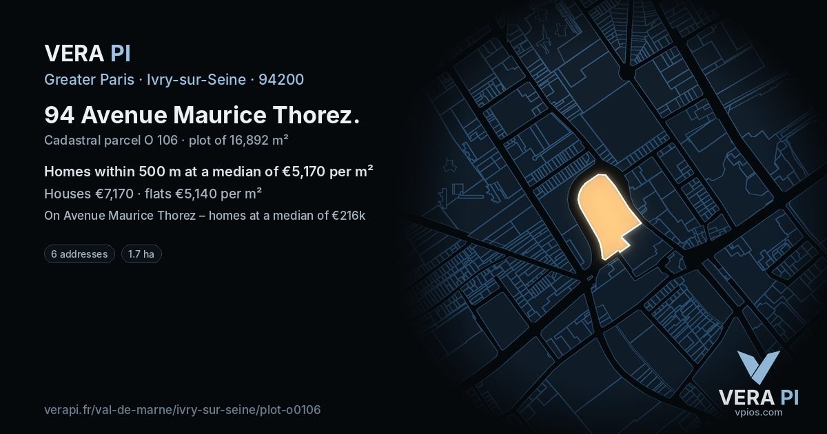 94 Avenue Maurice Thorez, Ivry-sur-Seine at night – the plot lit, the parcels around coloured by the prices near them