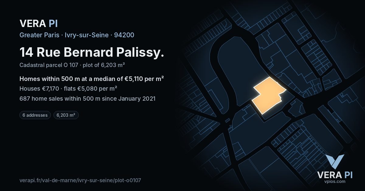 14 Rue Bernard Palissy, Ivry-sur-Seine at night – the plot lit, the parcels around coloured by the prices near them