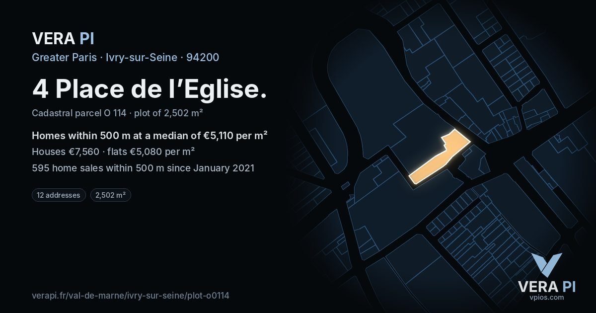 4 Place de l’Eglise, Ivry-sur-Seine at night – the plot lit, the parcels around coloured by the prices near them