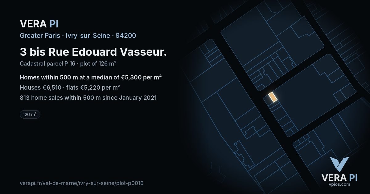 3 bis Rue Edouard Vasseur, Ivry-sur-Seine at night – the plot lit, the parcels around coloured by the prices near them
