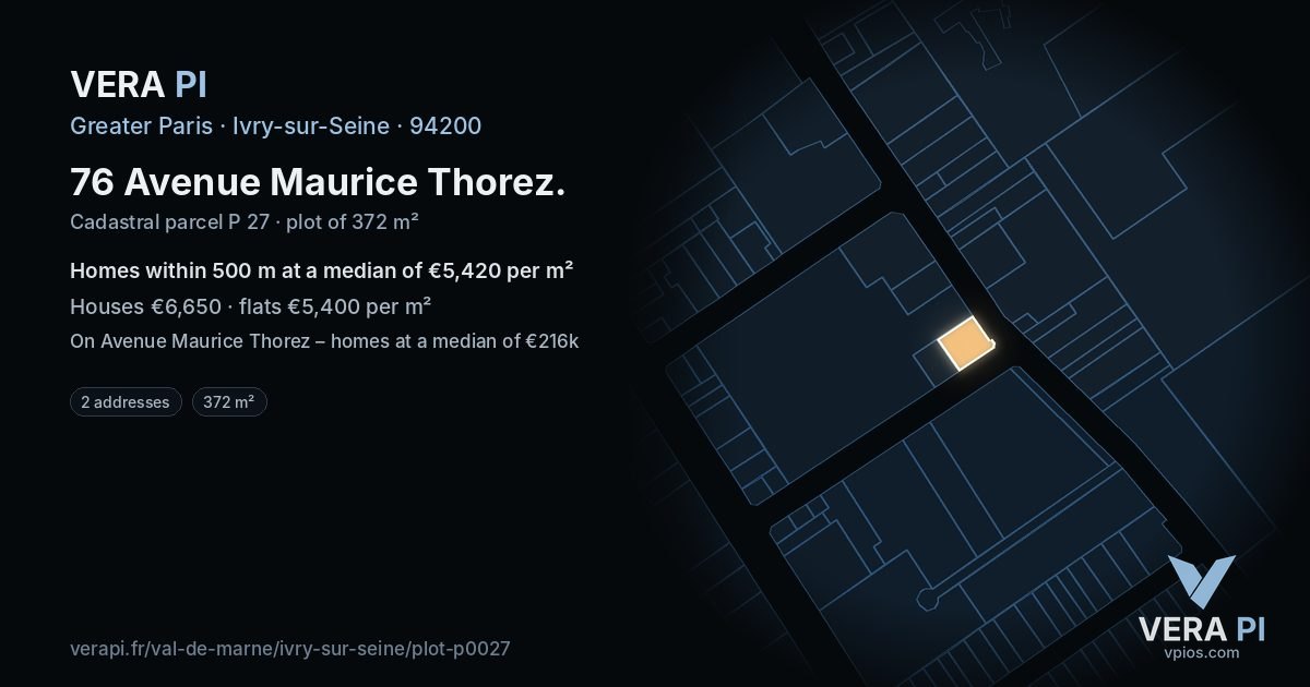 76 Avenue Maurice Thorez, Ivry-sur-Seine at night – the plot lit, the parcels around coloured by the prices near them