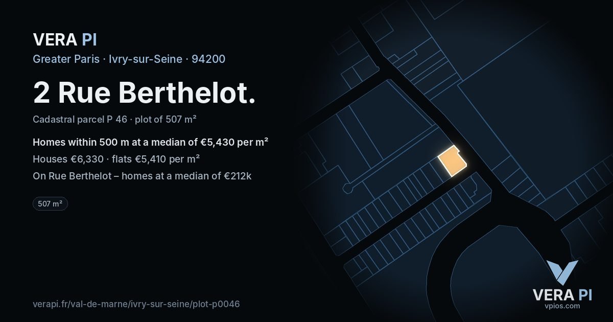 2 Rue Berthelot, Ivry-sur-Seine at night – the plot lit, the parcels around coloured by the prices near them
