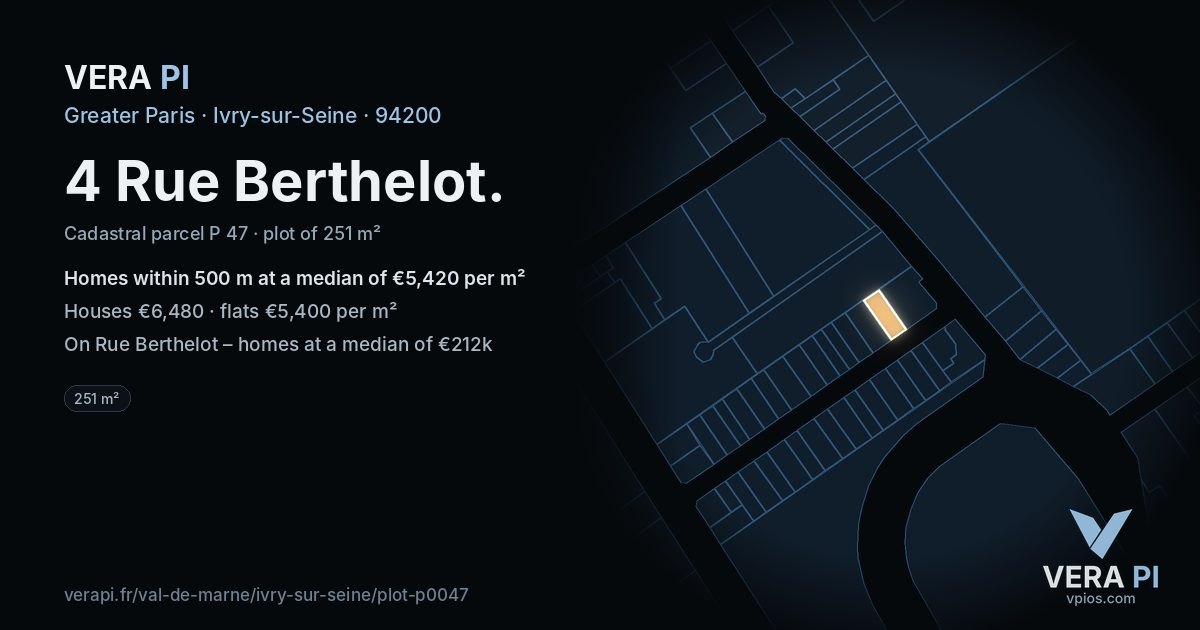 4 Rue Berthelot, Ivry-sur-Seine at night – the plot lit, the parcels around coloured by the prices near them