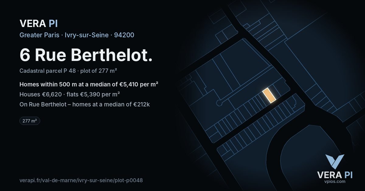 6 Rue Berthelot, Ivry-sur-Seine at night – the plot lit, the parcels around coloured by the prices near them