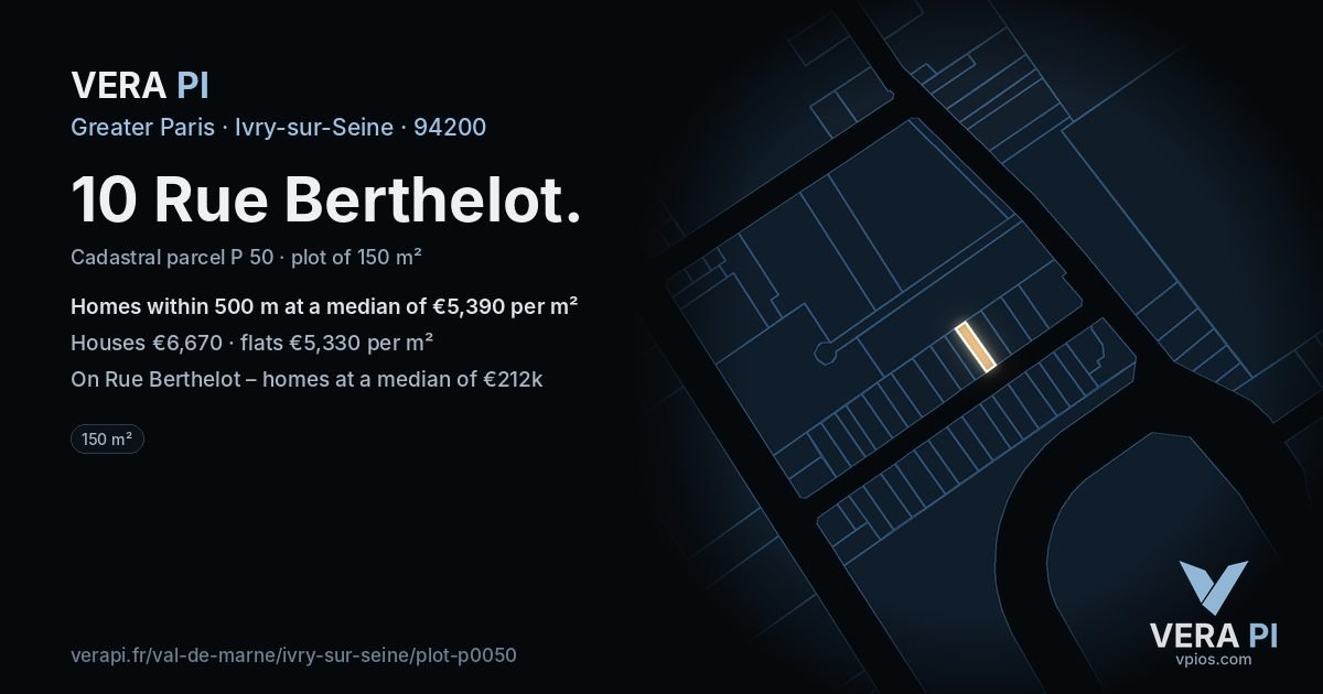 10 Rue Berthelot, Ivry-sur-Seine at night – the plot lit, the parcels around coloured by the prices near them