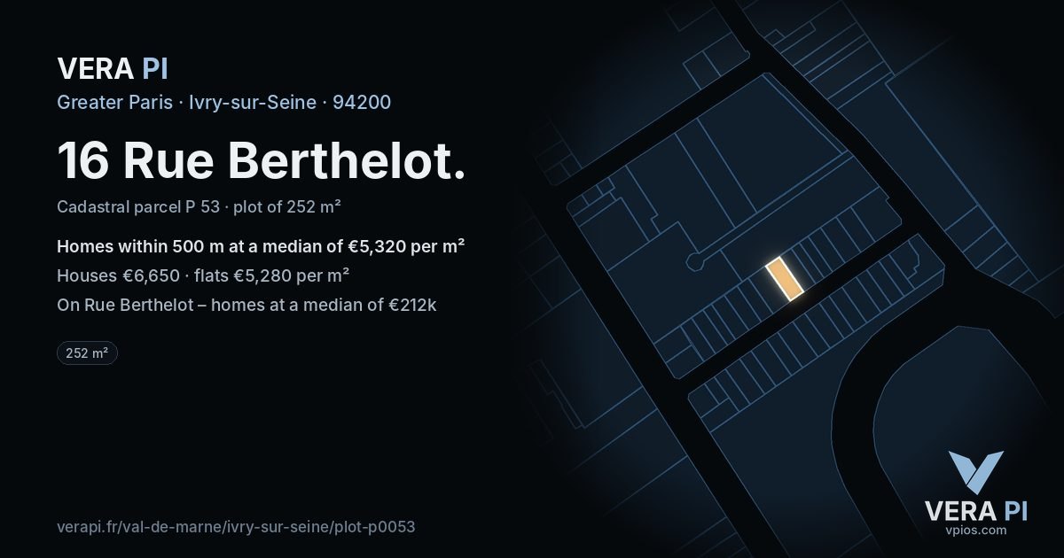 16 Rue Berthelot, Ivry-sur-Seine at night – the plot lit, the parcels around coloured by the prices near them