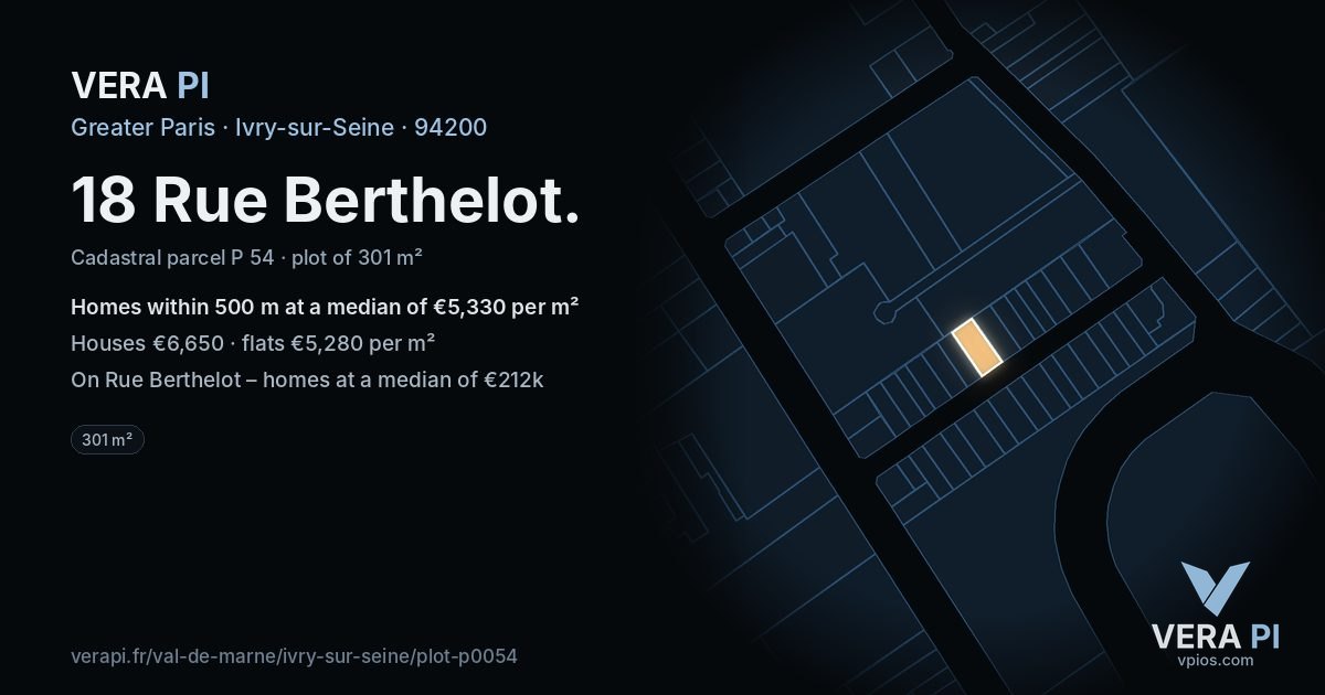 18 Rue Berthelot, Ivry-sur-Seine at night – the plot lit, the parcels around coloured by the prices near them