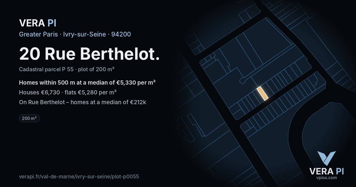 20 Rue Berthelot, Ivry-sur-Seine at night – the plot lit, the parcels around coloured by the prices near them