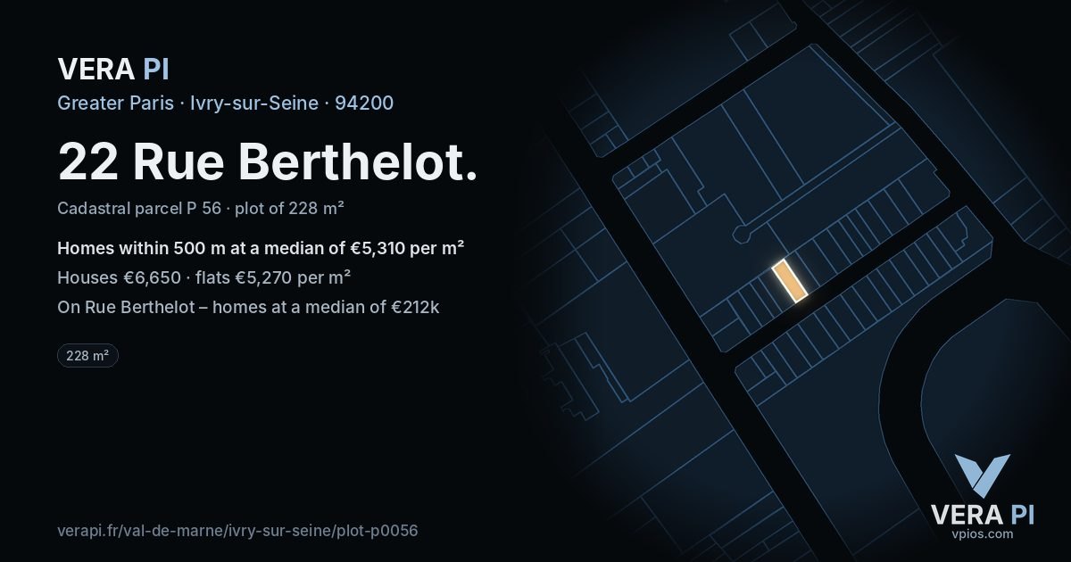 22 Rue Berthelot, Ivry-sur-Seine at night – the plot lit, the parcels around coloured by the prices near them