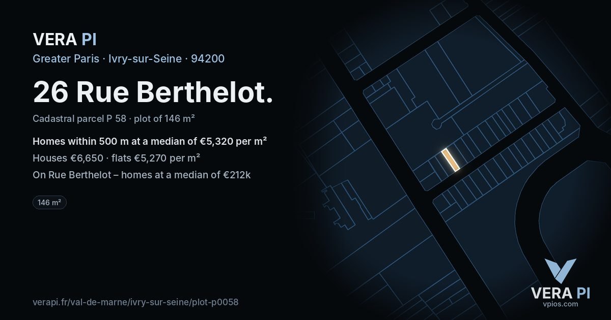 26 Rue Berthelot, Ivry-sur-Seine at night – the plot lit, the parcels around coloured by the prices near them