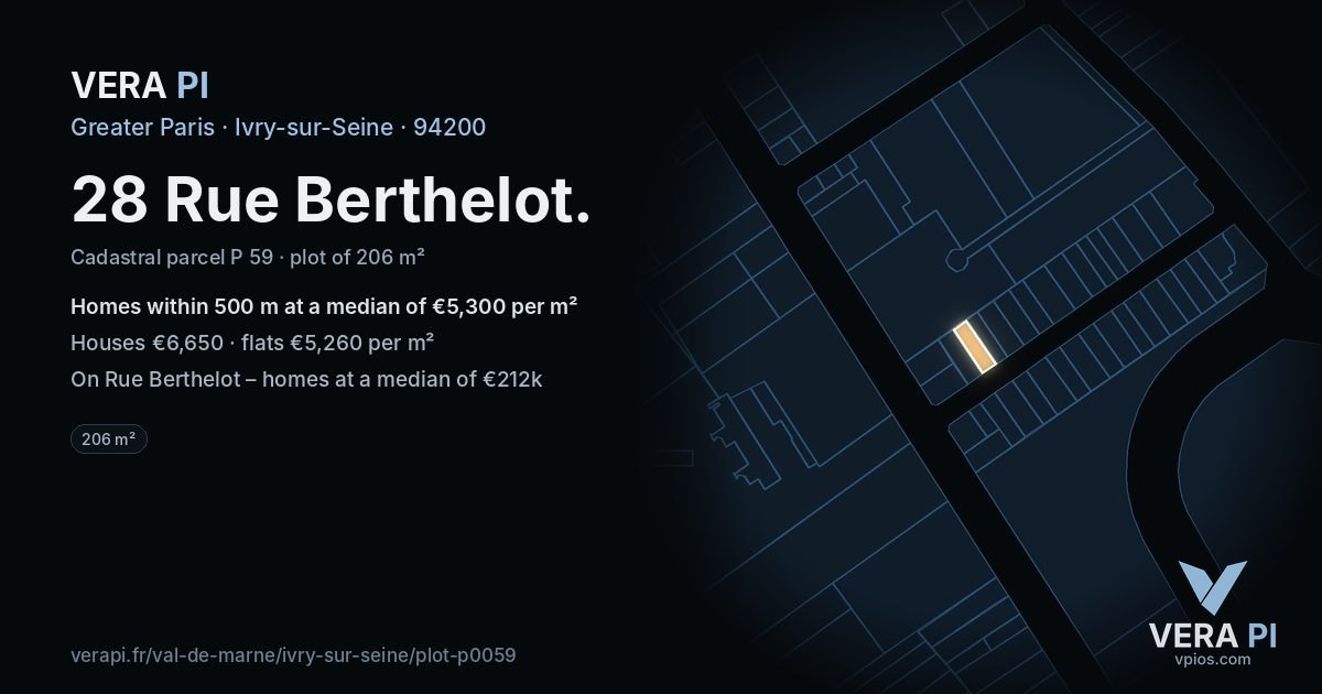 28 Rue Berthelot, Ivry-sur-Seine at night – the plot lit, the parcels around coloured by the prices near them