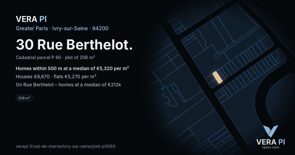 30 Rue Berthelot, Ivry-sur-Seine at night – the plot lit, the parcels around coloured by the prices near them