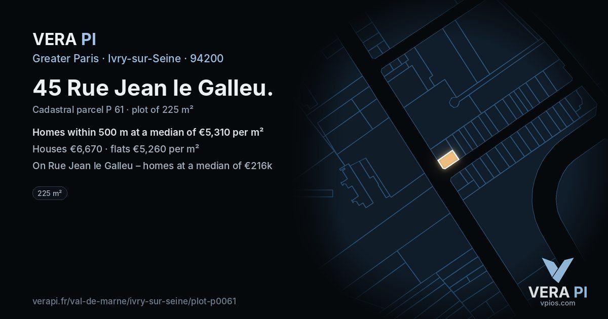 45 Rue Jean le Galleu, Ivry-sur-Seine at night – the plot lit, the parcels around coloured by the prices near them