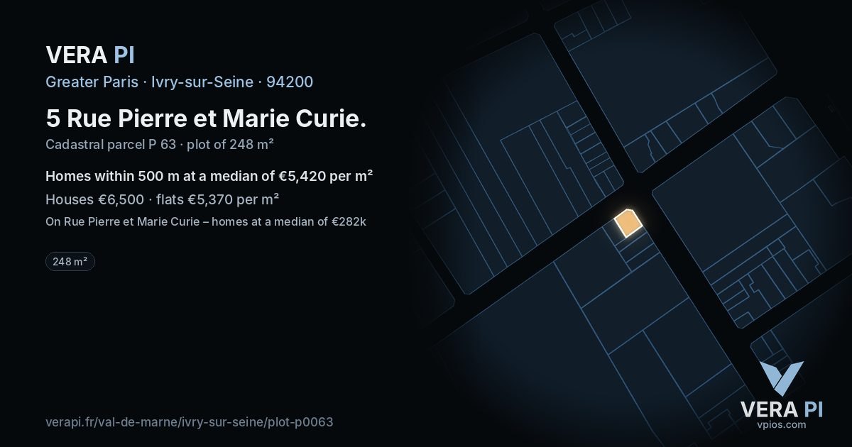 5 Rue Pierre et Marie Curie, Ivry-sur-Seine at night – the plot lit, the parcels around coloured by the prices near them