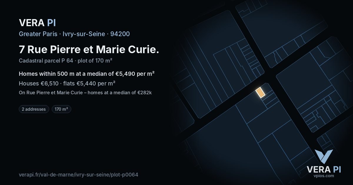 7 Rue Pierre et Marie Curie, Ivry-sur-Seine at night – the plot lit, the parcels around coloured by the prices near them