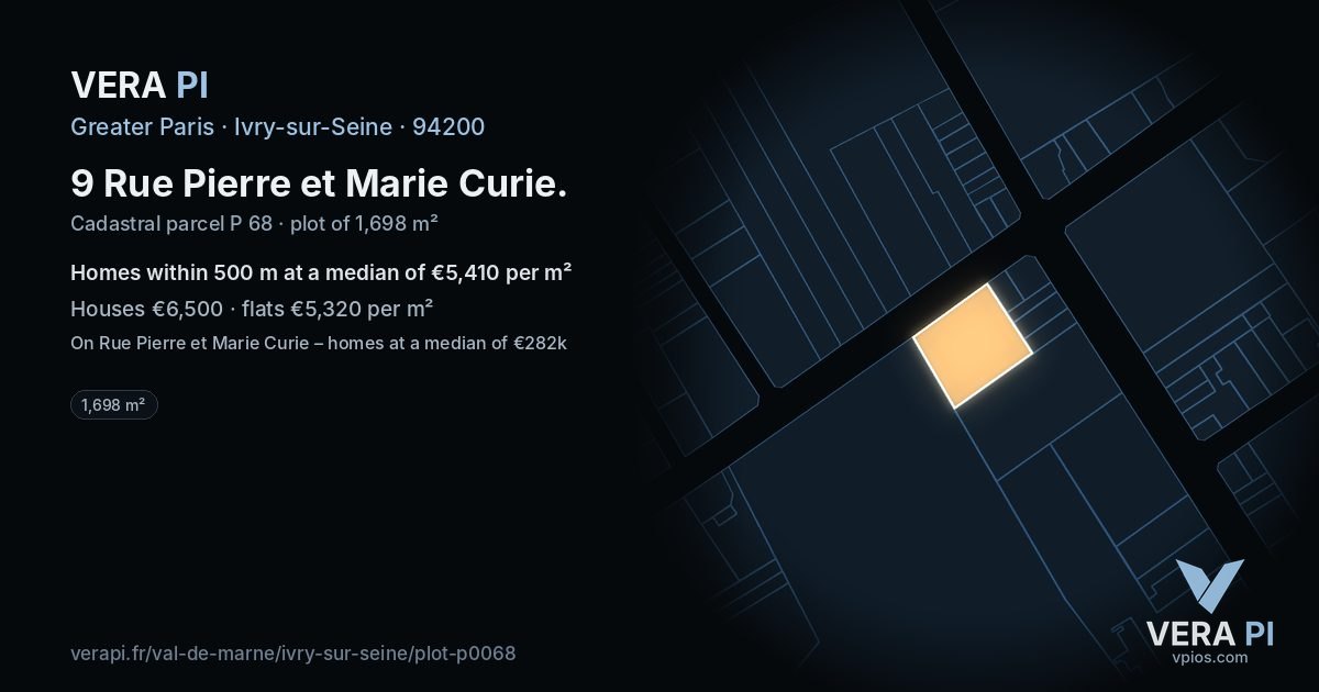 9 Rue Pierre et Marie Curie, Ivry-sur-Seine at night – the plot lit, the parcels around coloured by the prices near them