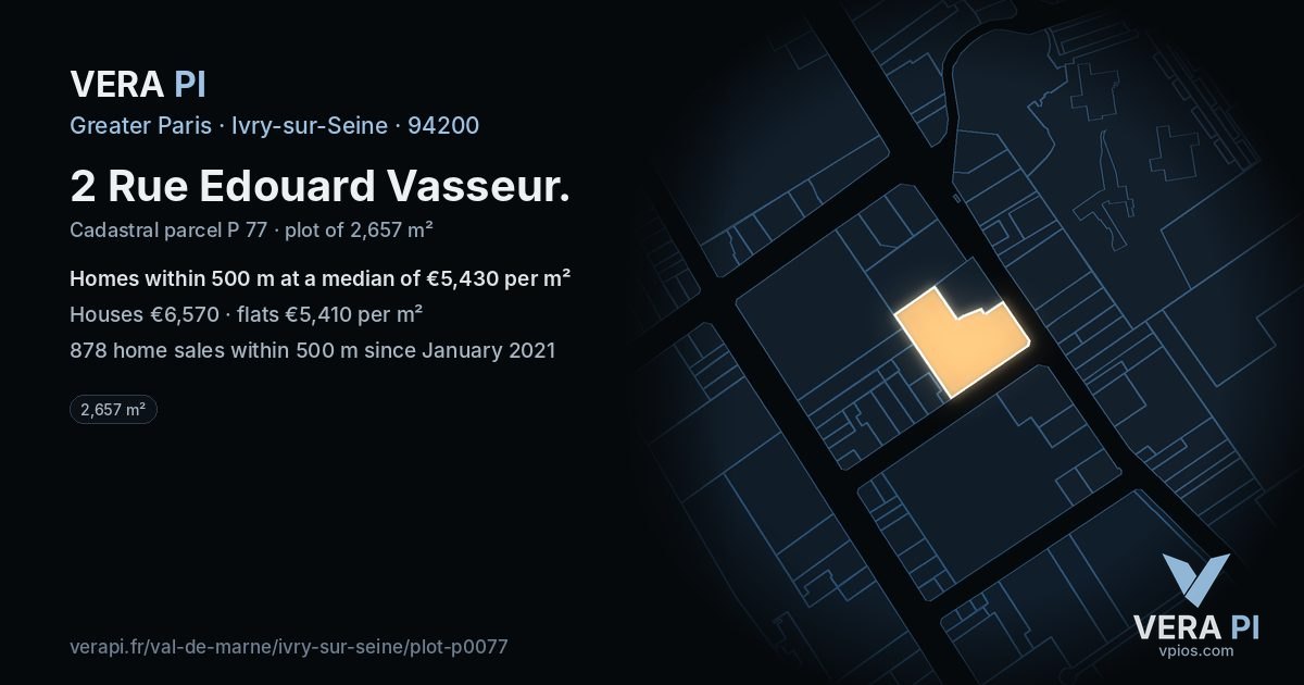 2 Rue Edouard Vasseur, Ivry-sur-Seine at night – the plot lit, the parcels around coloured by the prices near them