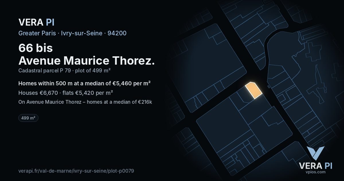 66 bis Avenue Maurice Thorez, Ivry-sur-Seine at night – the plot lit, the parcels around coloured by the prices near them