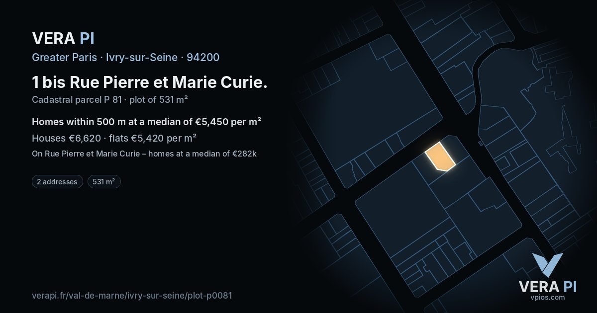 1 bis Rue Pierre et Marie Curie, Ivry-sur-Seine at night – the plot lit, the parcels around coloured by the prices near them
