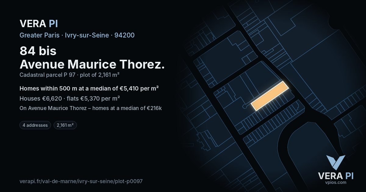 84 bis Avenue Maurice Thorez, Ivry-sur-Seine at night – the plot lit, the parcels around coloured by the prices near them