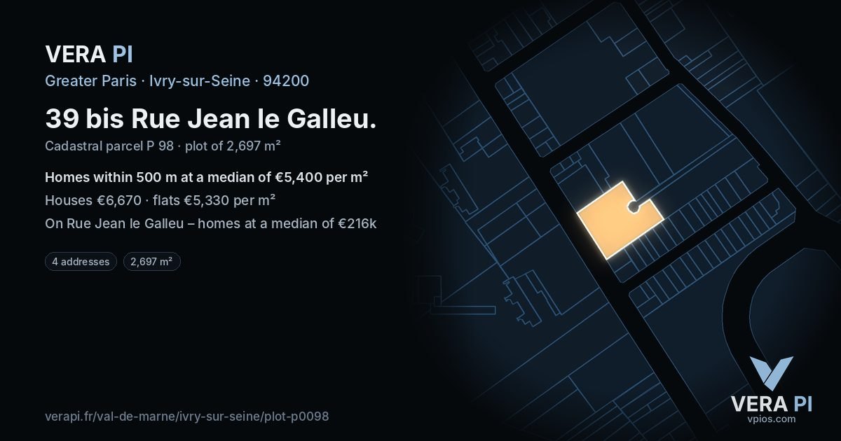 39 bis Rue Jean le Galleu, Ivry-sur-Seine at night – the plot lit, the parcels around coloured by the prices near them