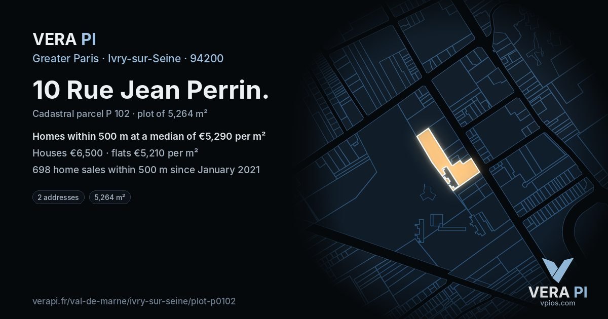 10 Rue Jean Perrin, Ivry-sur-Seine at night – the plot lit, the parcels around coloured by the prices near them