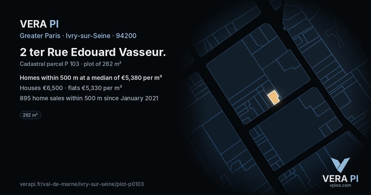 2 ter Rue Edouard Vasseur, Ivry-sur-Seine at night – the plot lit, the parcels around coloured by the prices near them