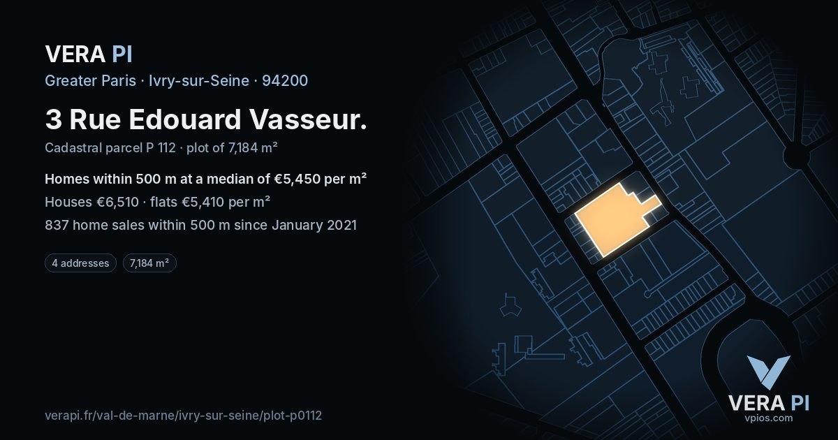 3 Rue Edouard Vasseur, Ivry-sur-Seine at night – the plot lit, the parcels around coloured by the prices near them
