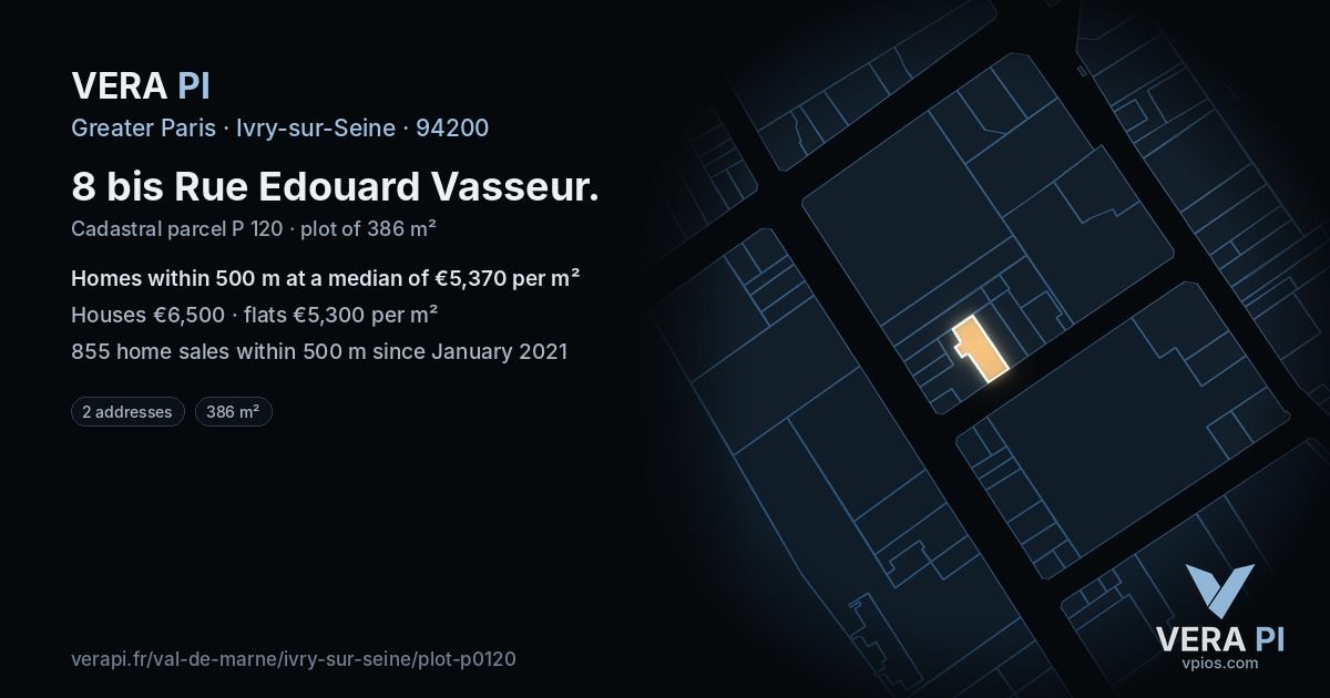 8 bis Rue Edouard Vasseur, Ivry-sur-Seine at night – the plot lit, the parcels around coloured by the prices near them