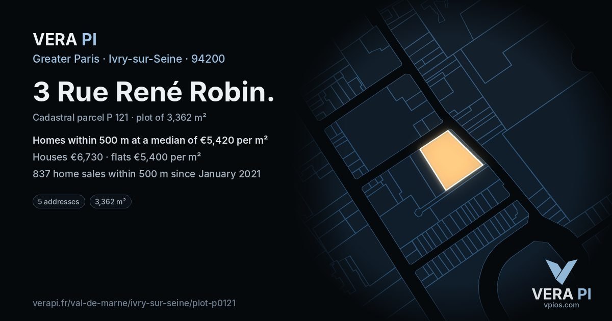 3 Rue René Robin, Ivry-sur-Seine at night – the plot lit, the parcels around coloured by the prices near them