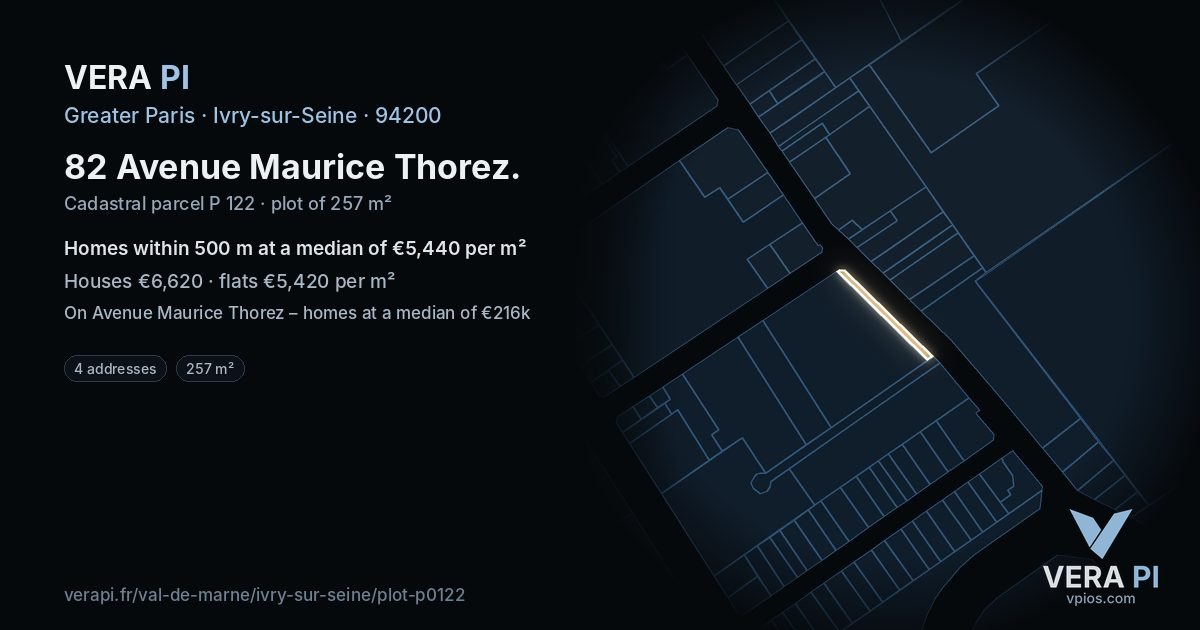 82 Avenue Maurice Thorez, Ivry-sur-Seine at night – the plot lit, the parcels around coloured by the prices near them
