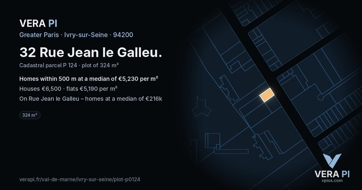 32 Rue Jean le Galleu, Ivry-sur-Seine at night – the plot lit, the parcels around coloured by the prices near them
