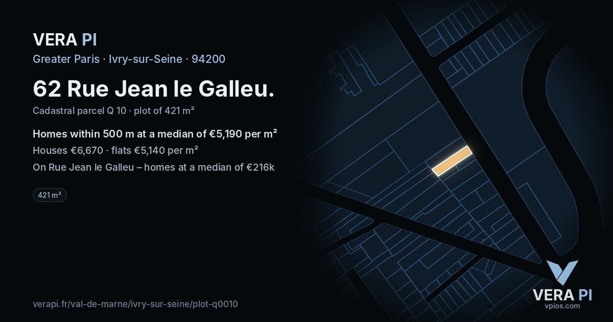 62 Rue Jean le Galleu, Ivry-sur-Seine at night – the plot lit, the parcels around coloured by the prices near them