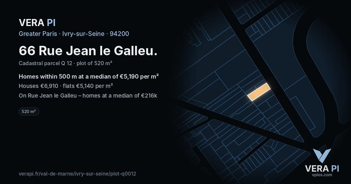 66 Rue Jean le Galleu, Ivry-sur-Seine at night – the plot lit, the parcels around coloured by the prices near them