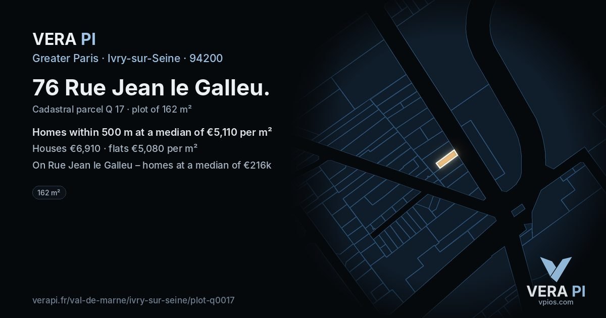 76 Rue Jean le Galleu, Ivry-sur-Seine at night – the plot lit, the parcels around coloured by the prices near them