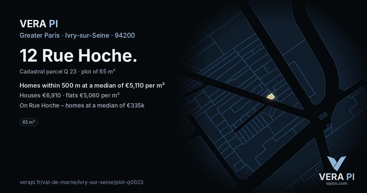 12 Rue Hoche, Ivry-sur-Seine at night – the plot lit, the parcels around coloured by the prices near them