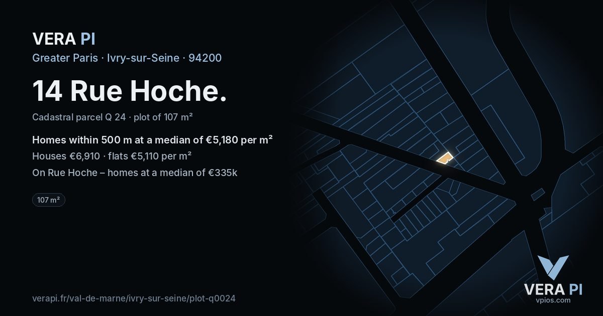 14 Rue Hoche, Ivry-sur-Seine at night – the plot lit, the parcels around coloured by the prices near them