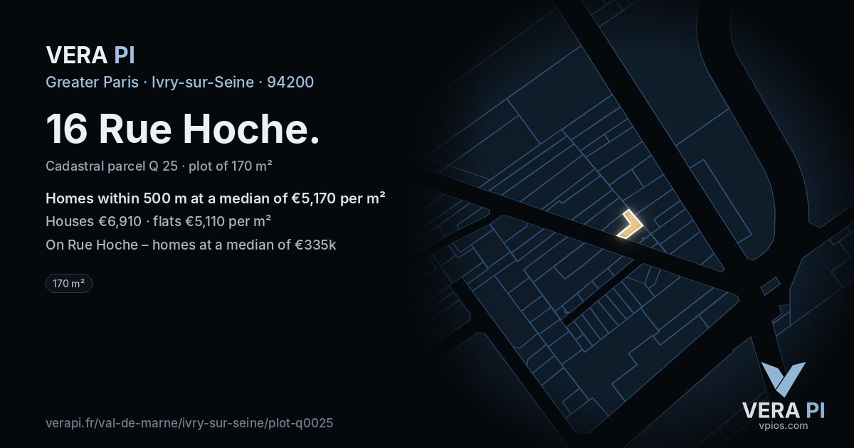 16 Rue Hoche, Ivry-sur-Seine at night – the plot lit, the parcels around coloured by the prices near them
