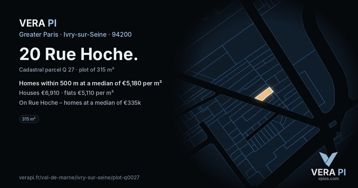 20 Rue Hoche, Ivry-sur-Seine at night – the plot lit, the parcels around coloured by the prices near them