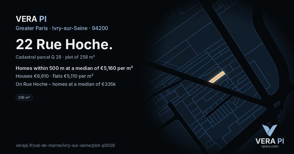 22 Rue Hoche, Ivry-sur-Seine at night – the plot lit, the parcels around coloured by the prices near them