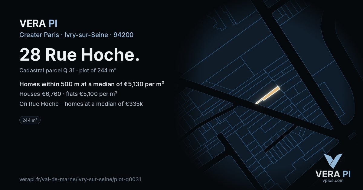 28 Rue Hoche, Ivry-sur-Seine at night – the plot lit, the parcels around coloured by the prices near them
