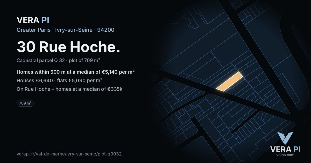 30 Rue Hoche, Ivry-sur-Seine at night – the plot lit, the parcels around coloured by the prices near them