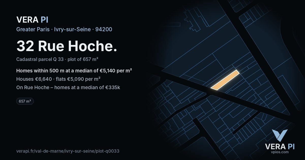 32 Rue Hoche, Ivry-sur-Seine at night – the plot lit, the parcels around coloured by the prices near them
